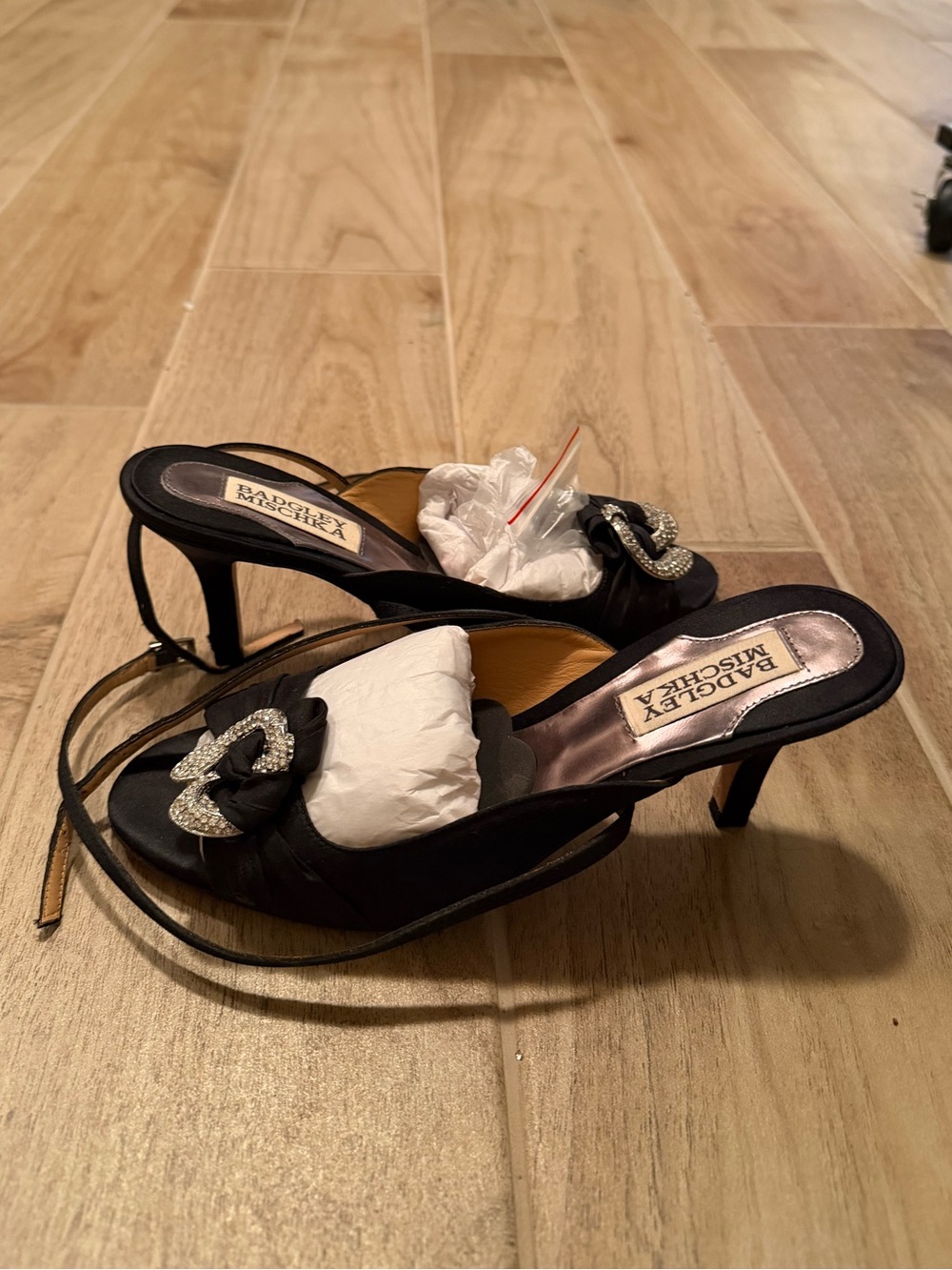Badgley Mischka Black Satin Crystal-Embellished Heeled Mules